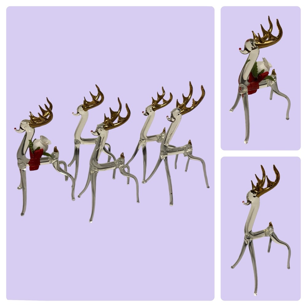 Vintage Reindeer 22 K Gold Overlay Hand Blown Glass Reindeer 5 Piece Set Clear